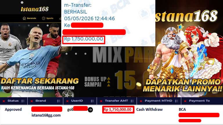 BUKTI KEMENANGAN WD MEMBER ISTANA168 IDR 1.750.000
