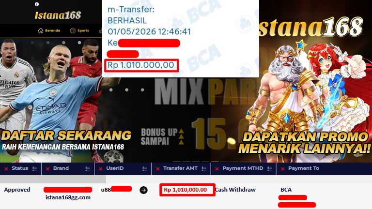 BUKTI KEMENANGAN WD MEMBER ISTANA168 IDR 1.010.000