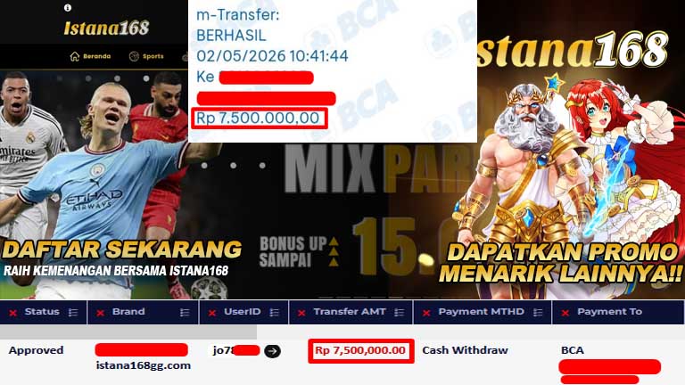 BUKTI KEMENANGAN WD MEMBER ISTANA168 IDR 7,500,000