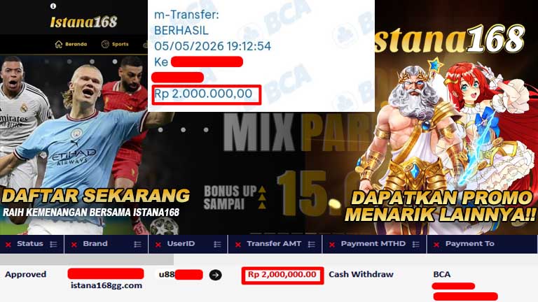 BUKTI KEMENANGAN WD MEMBER ISTANA168 IDR 2.000.000