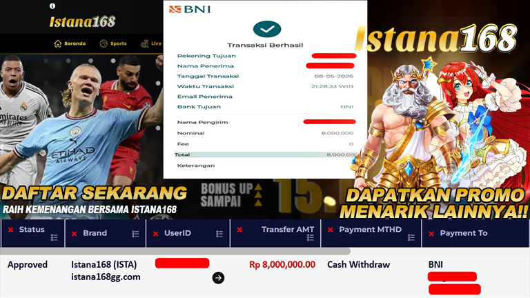 BUKTI KEMENANGAN WD MEMBER ISTANA168 IDR 8.000.000