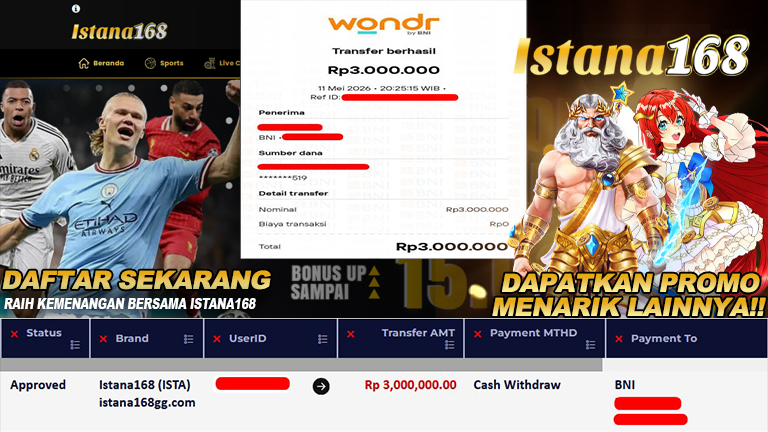 BUKTI KEMENANGAN WD MEMBER ISTANA168 IDR 3.000.000