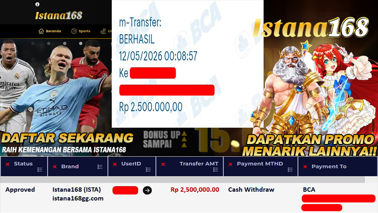 BUKTI KEMENANGAN WD MEMBER ISTANA168 IDR 2.500.000