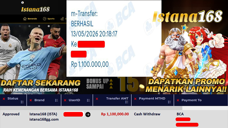 BUKTI KEMENANGAN WD MEMBER ISTANA168 IDR 1.100.000