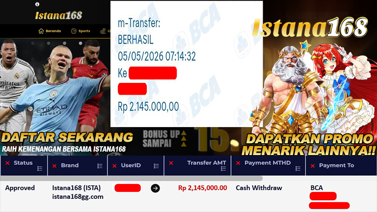 BUKTI KEMENANGAN WD MEMBER ISTANA168 IDR 2.145.000