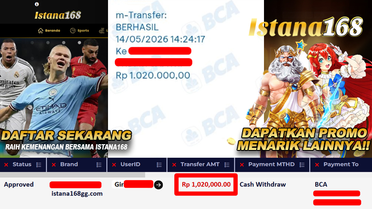 BUKTI KEMENANGAN WD MEMBER ISTANA168 IDR 1.020.000,-