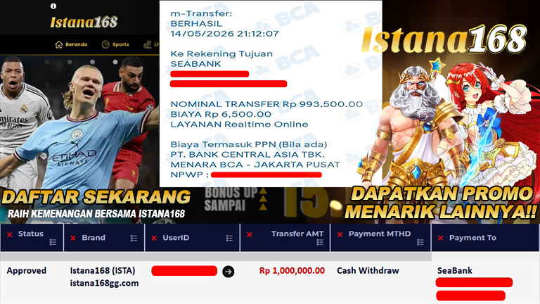 BUKTI KEMENANGAN WD MEMBER ISTANA168 IDR 1.000.000