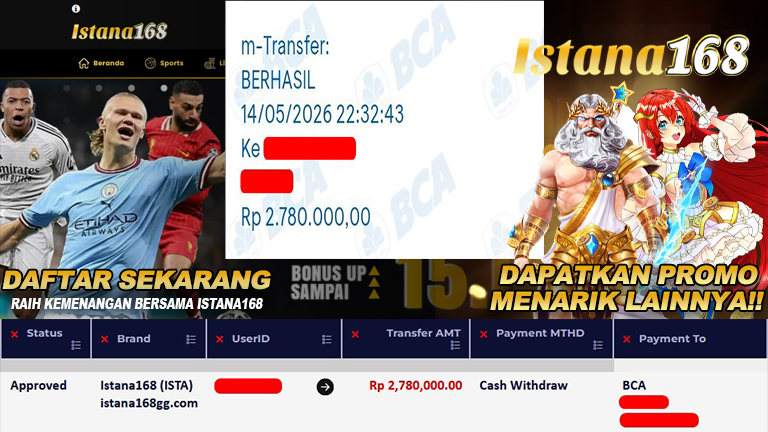 BUKTI KEMENANGAN WD MEMBER ISTANA168 IDR 2.780.000