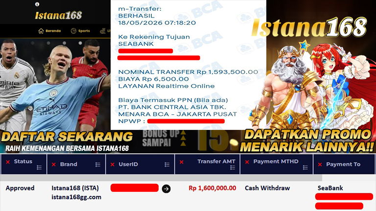 BUKTI KEMENANGAN WD MEMBER ISTANA168 IDR 1.600.000