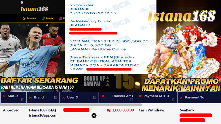 BUKTI KEMENANGAN WD MEMBER ISTANA168 IDR 1.000.000