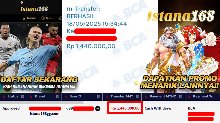 BUKTI KEMENANGAN WD MEMBER ISTANA168 IDR 1.440.000,-