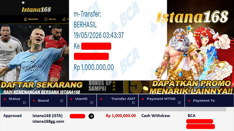 BUKTI KEMENANGAN WD MEMBER ISTANA168 IDR 1.000.000