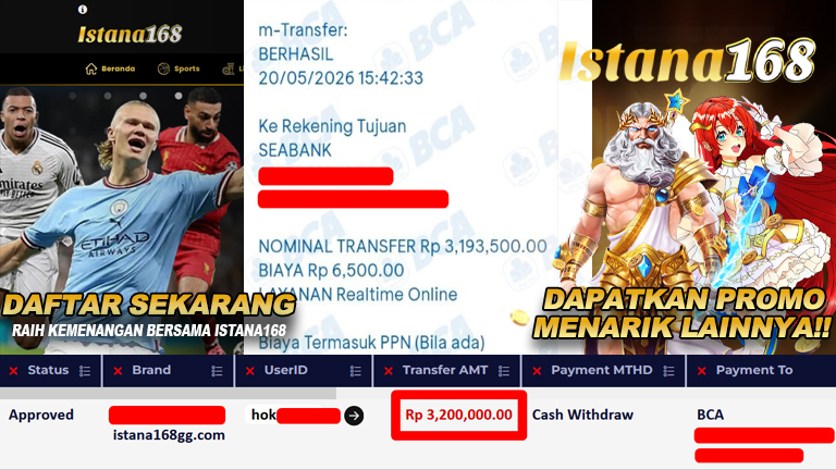 BUKTI KEMENANGAN WD MEMBER ISTANA168 IDR 3.200.000,-