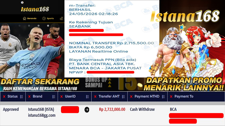 BUKTI KEMENANGAN WD MEMBER ISTANA168 IDR 2.722.000
