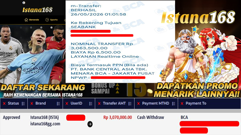 BUKTI KEMENANGAN WD MEMBER ISTANA168 IDR 3.070.000