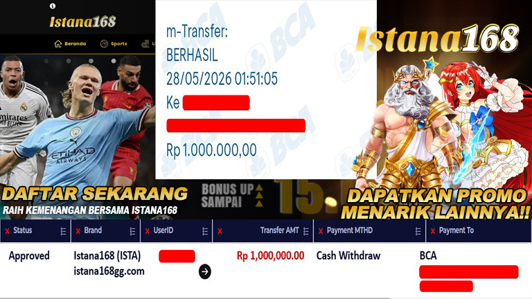 BUKTI KEMENANGAN WD MEMBER ISTANA168 IDR 1.000.000
