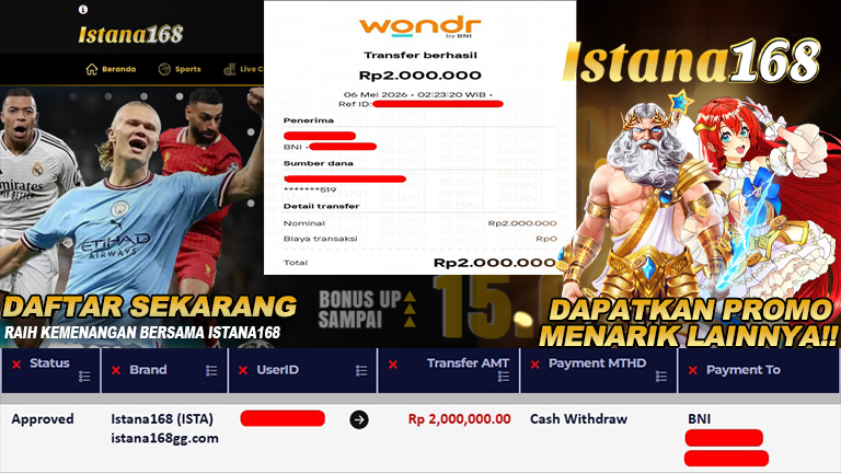 BUKTI KEMENANGAN WD MEMBER ISTANA168 IDR 2.000.000