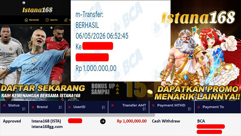 BUKTI KEMENANGAN WD MEMBER ISTANA168 IDR 1.000.000
