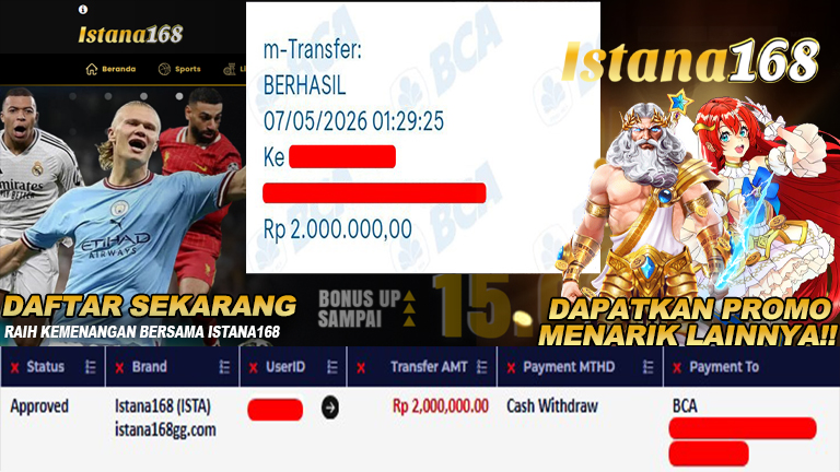BUKTI KEMENANGAN WD MEMBER ISTANA168 IDR 2.000.000