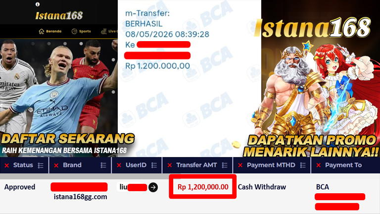 BUKTI KEMENANGAN WD MEMBER ISTANA168 IDR 1.200.000,-
