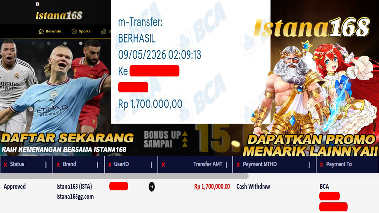 BUKTI KEMENANGAN WD MEMBER ISTANA168 IDR 1.700.000
