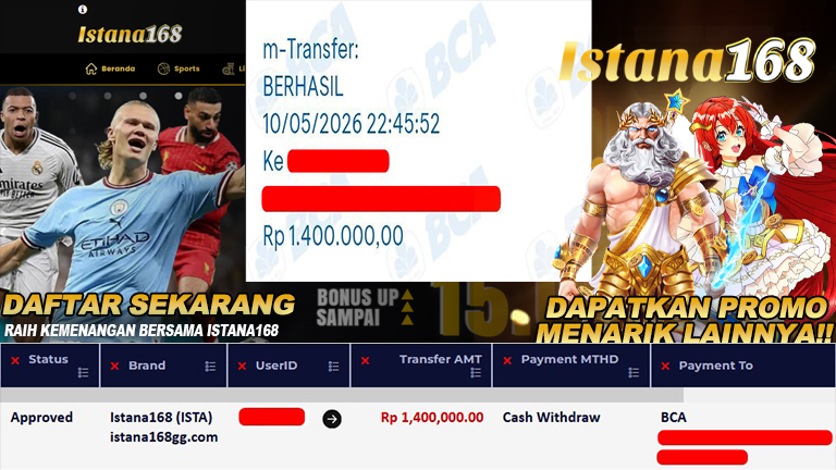 BUKTI KEMENANGAN WD MEMBER ISTANA168 IDR 1.400.000