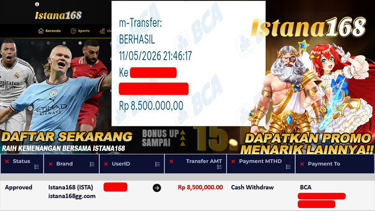 BUKTI KEMENANGAN WD MEMBER ISTANA168 IDR 8.500.000