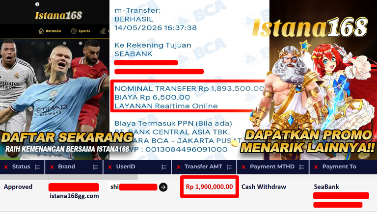 BUKTI KEMENANGAN WD MEMBER ISTANA168 IDR 1.900.000,-
