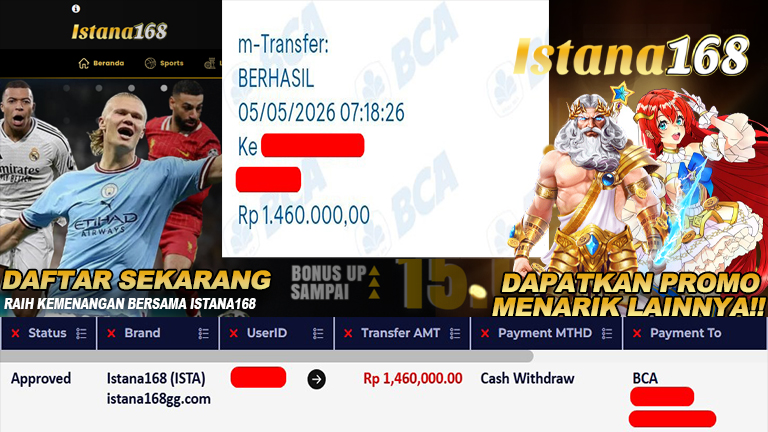 BUKTI KEMENANGAN WD MEMBER ISTANA168 IDR 1.460.000