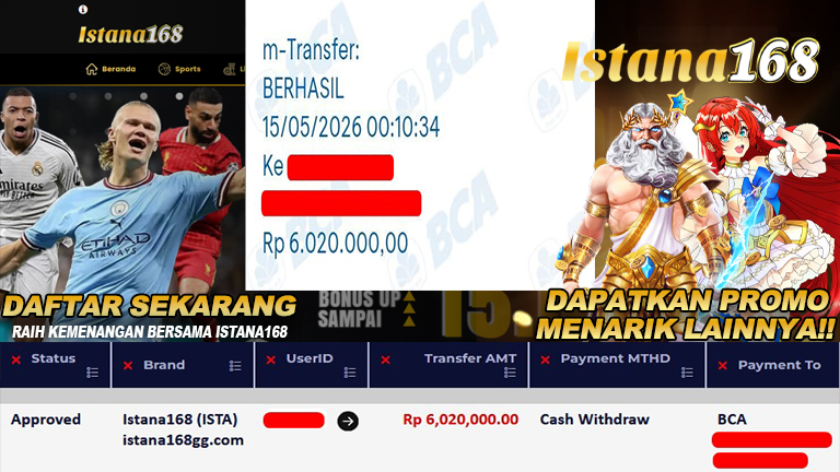 BUKTI KEMENANGAN WD MEMBER ISTANA168 IDR 6.020.000