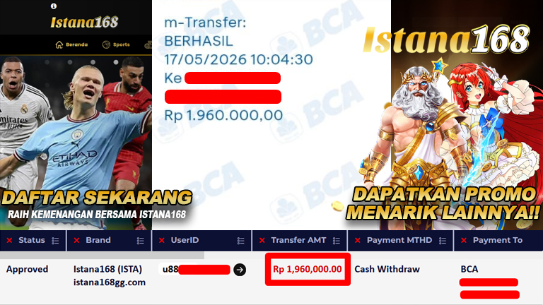 BUKTI KEMENANGAN WD MEMBER ISTANA168 IDR 1.960.000,-