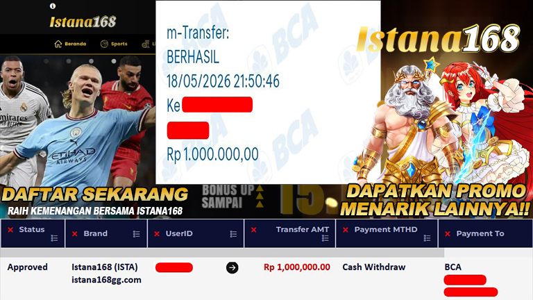 BUKTI KEMENANGAN WD MEMBER ISTANA168 IDR 1.000.000