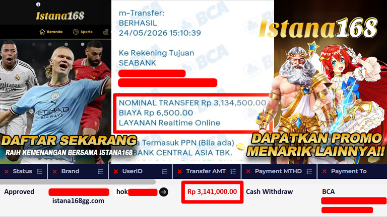 BUKTI KEMENANGAN WD MEMBER ISTANA168 IDR 3.141.000,-