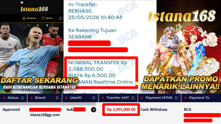 BUKTI KEMENANGAN WD MEMBER ISTANA168 IDR 2.095.000,-
