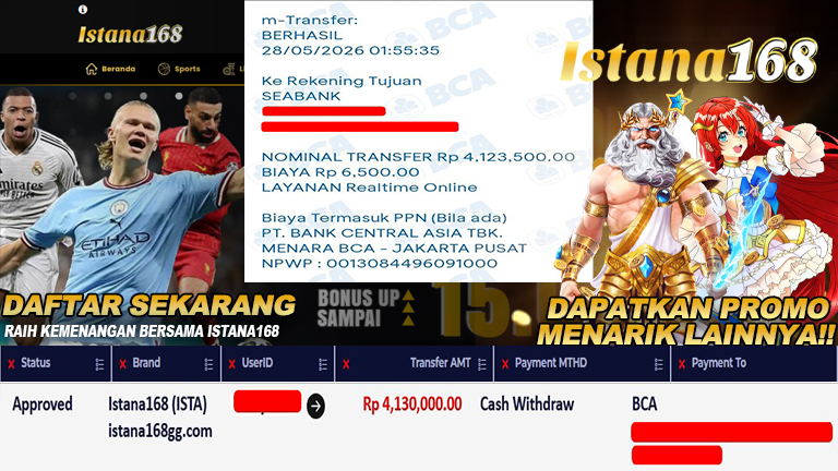 BUKTI KEMENANGAN WD MEMBER ISTANA168 IDR 4.130.000