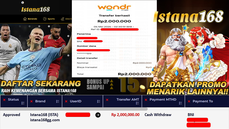 BUKTI KEMENANGAN WD MEMBER ISTANA168 IDR 2.000.000