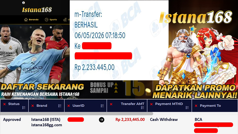 BUKTI KEMENANGAN WD MEMBER ISTANA168 IDR 2.233.445