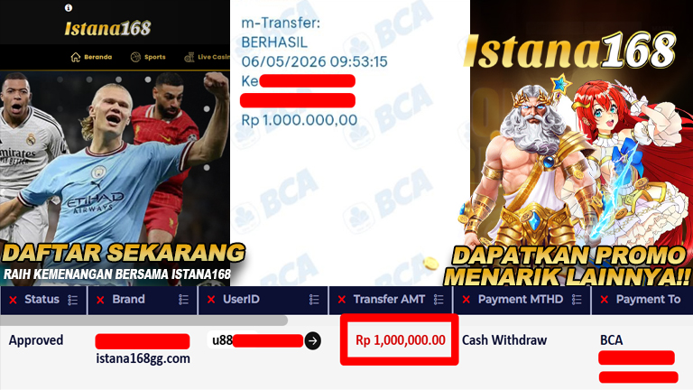 BUKTI KEMENANGAN WD MEMBER ISTANA168 IDR 1.000.000,-