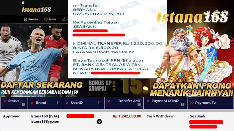 BUKTI KEMENANGAN WD MEMBER ISTANA168 IDR 1.242.000