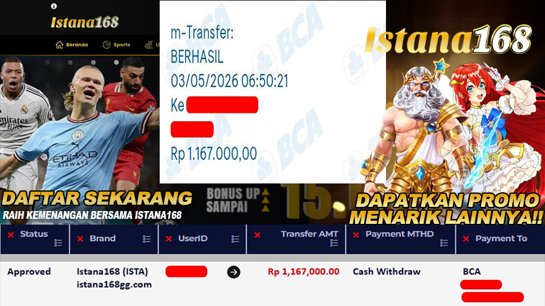 Mohon untuk selalu menghubungi Istana168 melalui kontak resmi berikut: - Whatsapp : +6281240006168 - Telegram : istana168 - LINE : istana168 - Facebook : istana168terpercaya