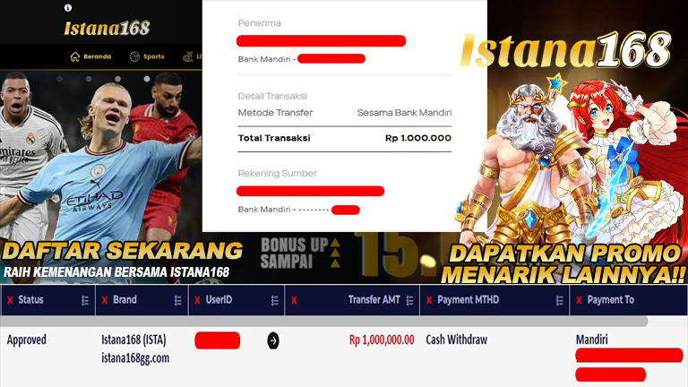 BUKTI KEMENANGAN WD MEMBER ISTANA168 IDR 1.000.000