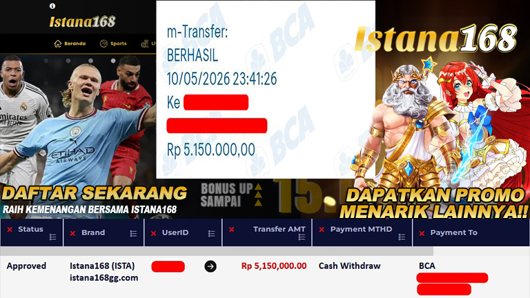 BUKTI KEMENANGAN WD MEMBER ISTANA168 IDR 5.150.000