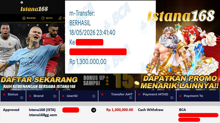 BUKTI KEMENANGAN WD MEMBER ISTANA168 IDR 1.300.000