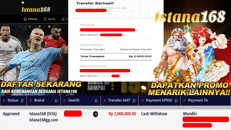 BUKTI KEMENANGAN WD MEMBER ISTANA168 IDR 2.000.000