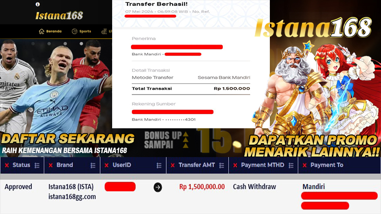 BUKTI KEMENANGAN WD MEMBER ISTANA168 IDR 1.500.000