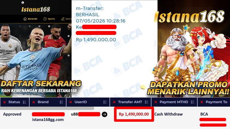 BUKTI KEMENANGAN WD MEMBER ISTANA168 IDR 1.490.000,-