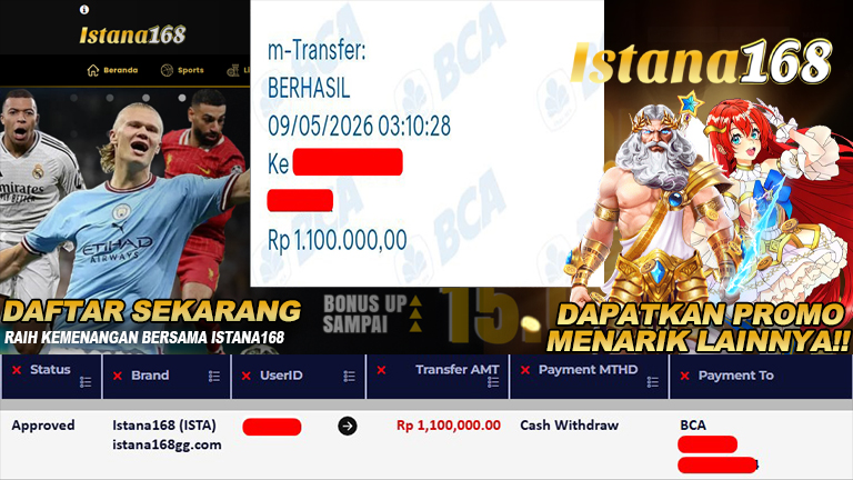 BUKTI KEMENANGAN WD MEMBER ISTANA168 IDR 1.100.000