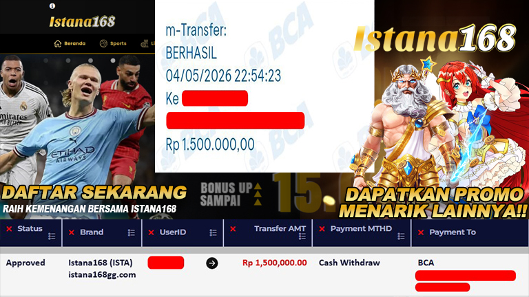 BUKTI KEMENANGAN WD MEMBER ISTANA168 IDR 1.500.000