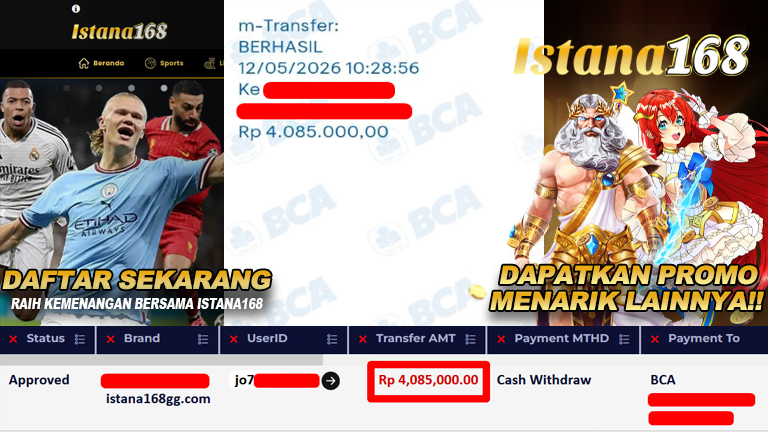 BUKTI KEMENANGAN WD MEMBER ISTANA168 IDR 4.085.000,-