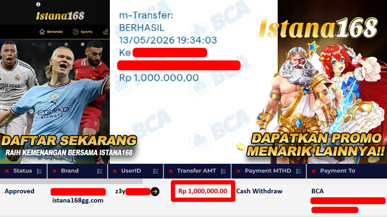BUKTI KEMENANGAN WD MEMBER ISTANA168 IDR 1.000.000,-
